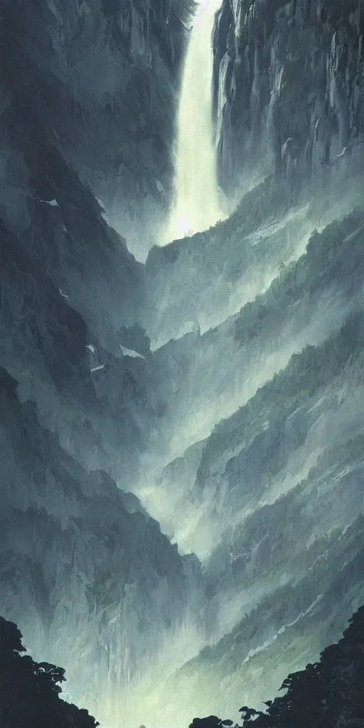 Prompt: an impressive waterfall on the side of a huge mountain, moody, mist, highly detailed, by vincent di fate nausicaa and ghibli