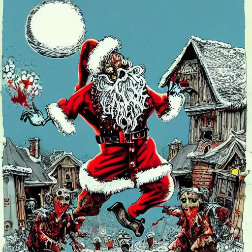 Image similar to Zombie Santa Claus attacking a village, Ralph Steadman, bloody