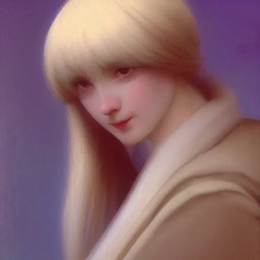 Image similar to a young woman's face, her hair is white and she wears a cobalt blue satin cloak, by ivan aivazovsky and syd mead and moebius and gaston bussiere and roger dean and pieter claesz and paul delaroche and alma tadema and aelbert cuyp, hyperrealistic, volumetric light, octane render