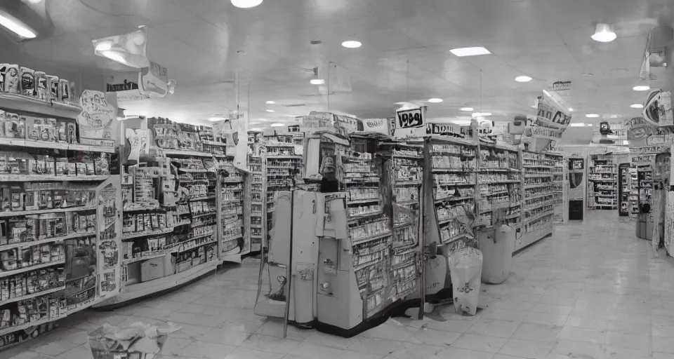 Image similar to The interior of a convenience store in the underwater city of Atlantis, 35mm film