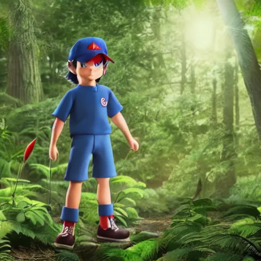 Image similar to realistic photo of ash ketchum in a forest, well lit, real, photogenic, detailed, 8 k, global illumination