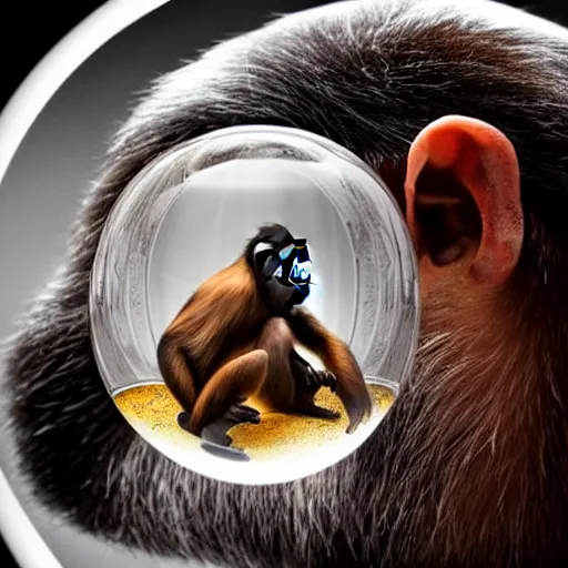 Prompt: Chimp looking at banana inside a crystal ball at the fortune teller