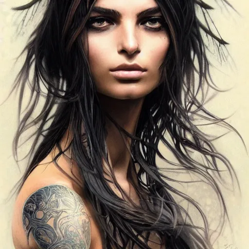 Image similar to an attractive young tattooed female wearing an black ornate metallic helmet, emily ratajkowski, olive skin, long dark hair, beautiful bone structure, intricate, elegant, highly detailed, digital painting, artstation, concept art, smooth, sharp focus, illustration, art by artgerm and greg rutkowski and alphonse mucha