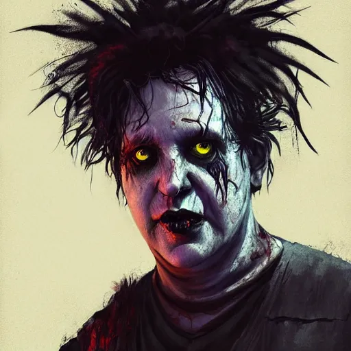 Image similar to portrait of robert smith as a zombie, 7 days to die zombie, fine art, award winning, intricate, elegant, sharp focus, cinematic lighting, highly detailed, digital painting, 8 k concept art, art by guweiz and z. w. gu, masterpiece, trending on artstation, 8 k