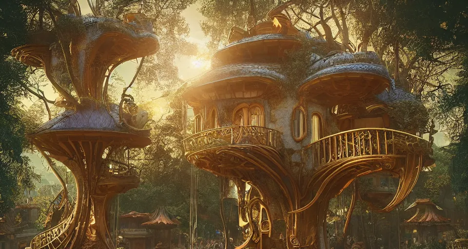 Image similar to A scene from a 2022 fantasy film featuring a cozy art nouveau reading nook inside a fantasy treehouse city. Suspended walkways. Disorganized ancient books. Golden Hour. 8K UHD.