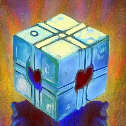 Image similar to beautiful impressionist painting of companion cube