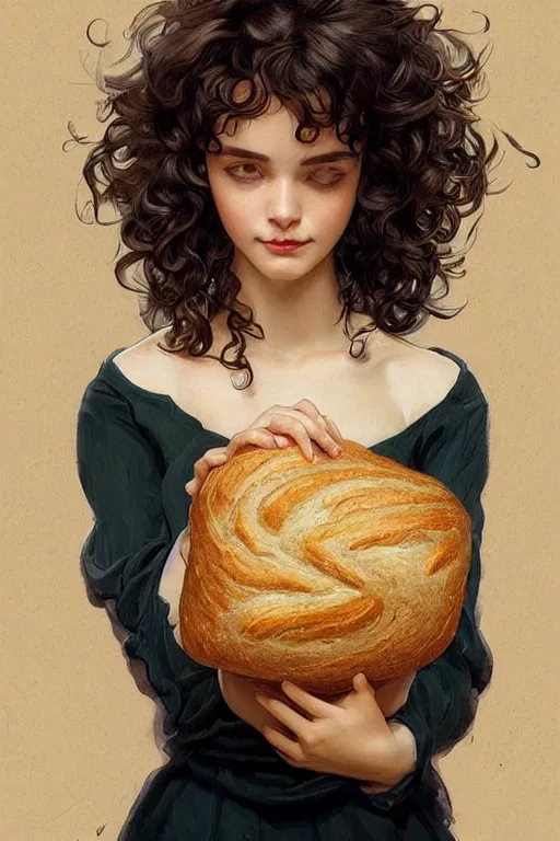 Prompt: beautiful cottagecore of a girl with short black curly hair, round face, cute face, holding a loaf of bread. intricate, elegant. highly detailed, digital painting, artstation, concept art, smooth, sharp, focus, illustration. . art by artgerm and greg rutkowski and alphonse mucha
