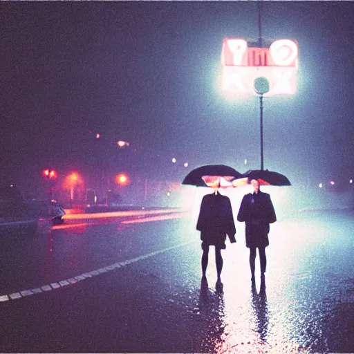 Image similar to street of paris photography, night, rain, mist, lovers holding hands, cinestill 8 0 0 t, in the style of william eggleston