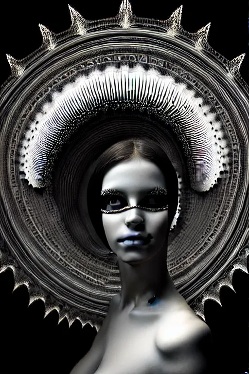 Image similar to portrait of a young beautiful woman with a mask. contemporary photograph, speed painting, fractal, mandelbulb. black and white, black on black. intricate, elegant, super highly detailed, professional digital painting, smooth, extreme illustration, Unreal Engine 5, Photorealism, HD quality, 8k resolution, 3D, beautiful, cinematic, art. art deco, 1950s suburbian.