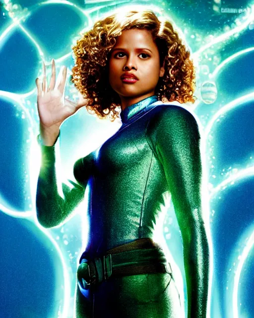 Prompt: drew struzan style movie poster of gugu mbatha - raw dressed as sue storm, the invisible woman from the fantastic four, with her hands held up, she is generating an iridescent bubble of particles around her body in the form of a shimmering bubble force field, soft focus, bokeh, 5 0 mm