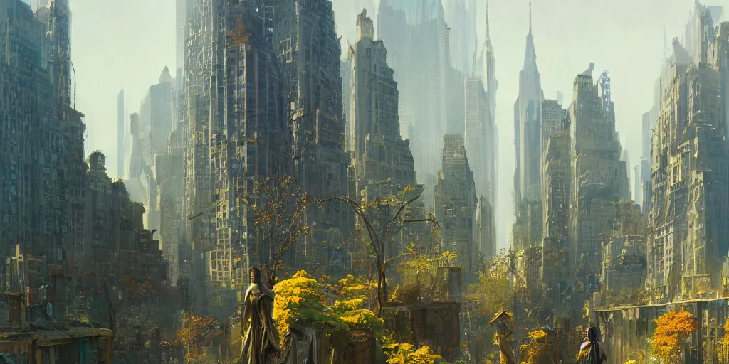 Image similar to a fantasy solarpunk statue of new york city, landscape illustration by greg rutkowski, bright sunlight, golden hour, vivid and colorful trees and plants and flowers on buildings, smooth digital concept art, 4 k, trending on artstation