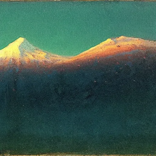 Image similar to mt elbrus, arkhip kuindzhi painting, twilight, teal palette, thus spoke Zarathustra