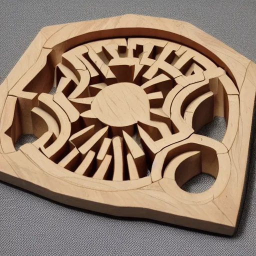 Prompt: A geometrical wooden burr puzzle, product photo, Eric Fuller