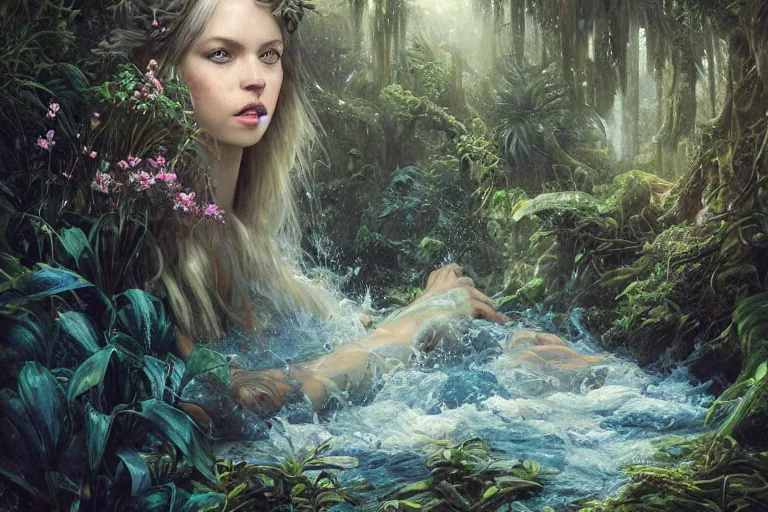 Prompt: an epic portrait of a swamp dwelling acquatic princess, deep blue eyes, flowing water hair, artstation, lush jungle plants, a sea of flowers, beautiful lighting, godrays, by Charlie Bowater and Gabrielle Ragusi and greg rutkowski and nixeu, highly detailed, few ultramarine highlights, oil on canvas