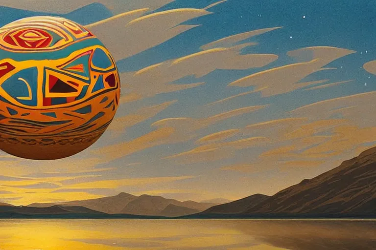 Image similar to a giant ((((metallic)))) floating sphere covered in canadian colorful aboriginal patterns!! hovering above a Yukon lake, (painted by Ralph McQuarrie), matte painting, very detailed, concept art