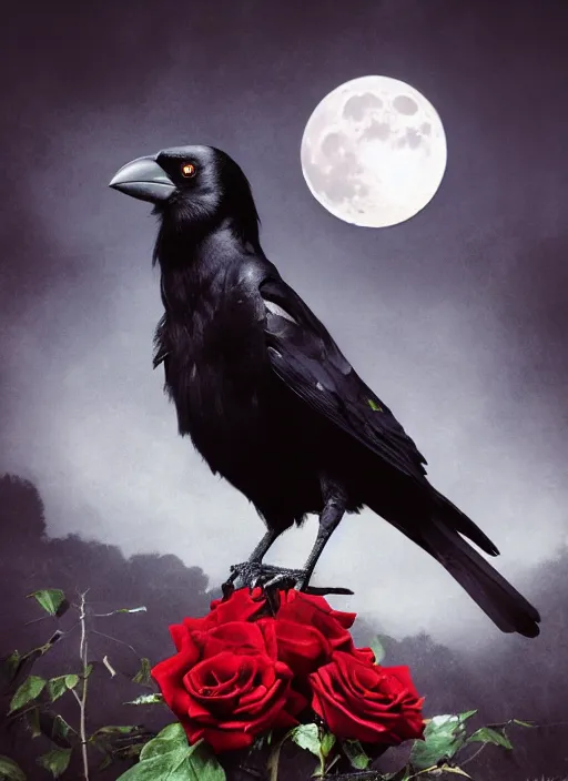 Image similar to portrait, A crow with red eyes in front of the full big moon, book cover, red roses, red white black colors, establishing shot, extremly high detail, foto realistic, cinematic lighting, by Yoshitaka Amano, Ruan Jia, Kentaro Miura, Artgerm, post processed, concept art, artstation, raphael lacoste, alex ross, portrait, A crow with red eyes in front of the full big moon, book cover, red roses, red white black colors, establishing shot, extremly high detail, foto realistic, cinematic lighting, by Yoshitaka Amano, Ruan Jia, Kentaro Miura, Artgerm, post processed, concept art, artstation, raphael lacoste, alex ross