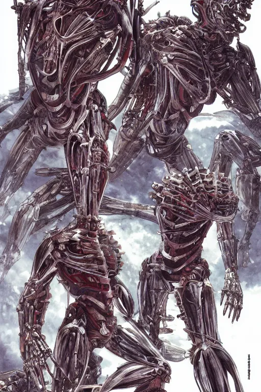 Image similar to biomechanical life enhanced using nanosuits with crysis - type muscle under the armor plating, at dusk, a color cover illustration by tsutomu nihei, tetsuo hara and katsuhiro otomo