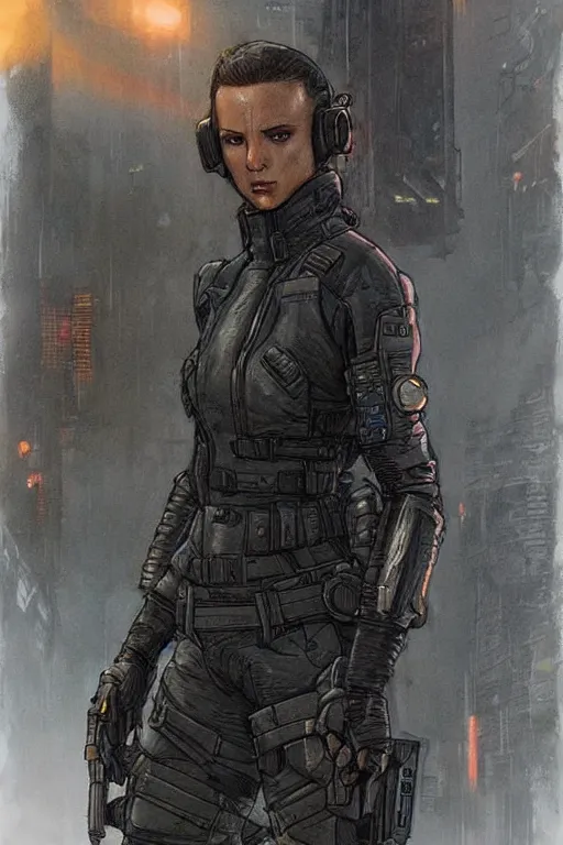 Image similar to Sonya. blackops mercenary in near future tactical gear, stealth suit, and cyberpunk headset. Blade Runner 2049. concept art by James Gurney and Mœbius.