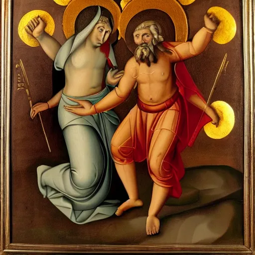 Prompt: masterful religious painting, god fighting the devil