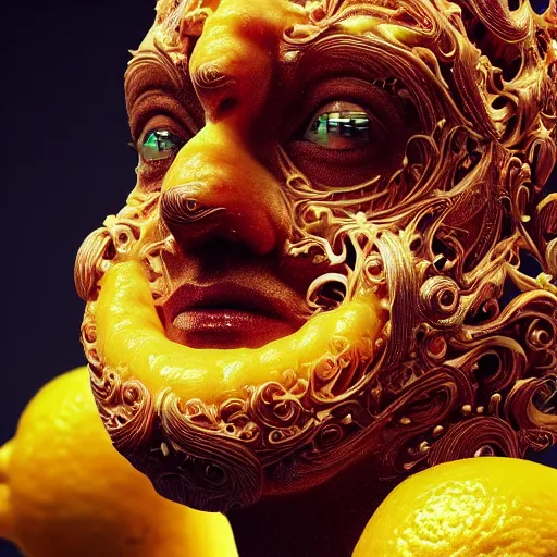 Image similar to man's head made out of lemon skin, head is exploding into a swirl of jam, jam swirl explosion : ornate, dynamic, particulate, intricate, elegant, highly detailed, centered, artstation, smooth, sharp focus, octane render