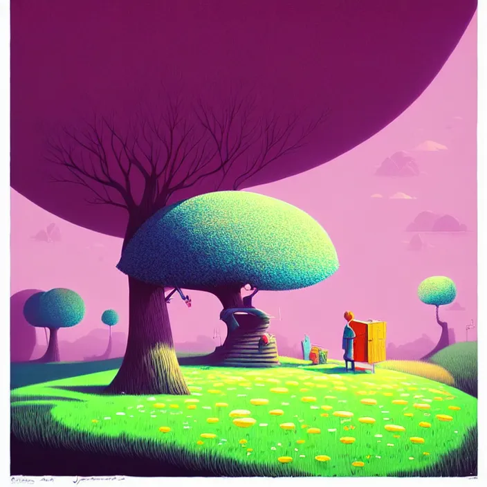 Image similar to ( ( ( gediminas pranckevicius ) ) ), under bo tree, summer morning, very coherent and colorful high contrast art by james gilleard floralpunk screen printing woodblock, dark shadows, pastel color, hard lighting