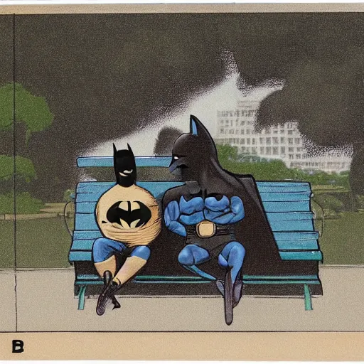 Prompt: batman and alf smoking a cigarette sitting on a green park bench,