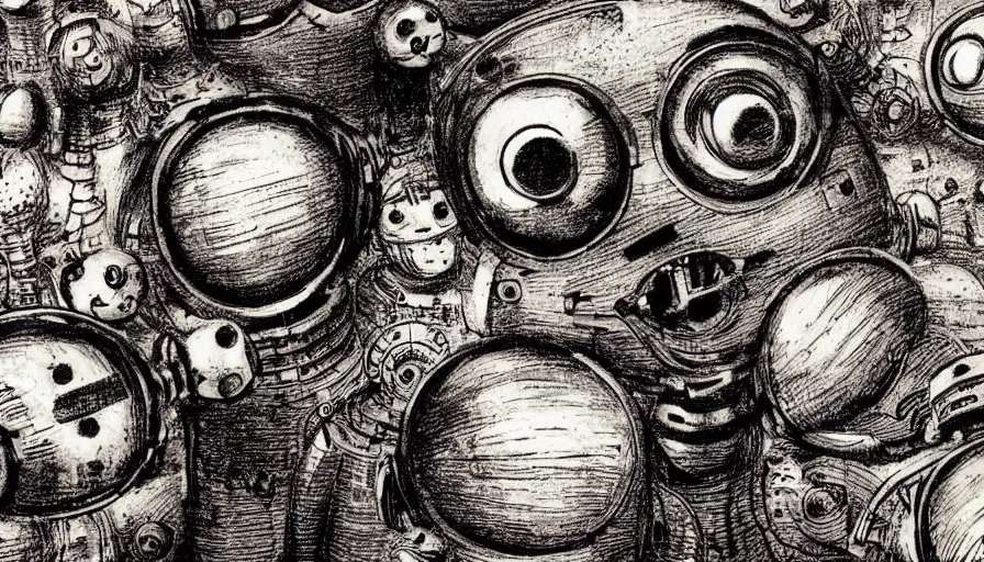 Image similar to cute steampunk robots with souls and large eyes smiling and waving, isolated on white background, drawn by leonardo da vinci with black ink and stippled pen, 3D occlusion