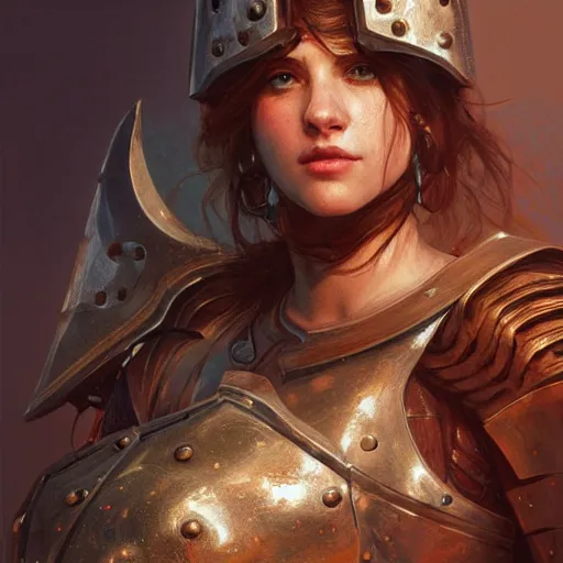 Image similar to portrait of a rugged female as a bruised knight with a shield and heavy armor, fantasy, intricate, headshot, highly detailed, digital painting, artstation, concept art, sharp focus, cinematic lighting, illustration, art by artgerm and greg rutkowski, alphonse mucha, cgsociety