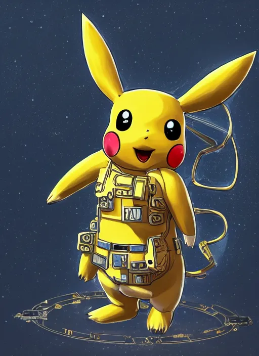 Image similar to high intricate pikachu in technical gear, on space harbor, full shot, maria panfilova, andrea savchenko, mike kime, ludovic plouffe, qi sheng luo, oliver cook, julian calle, eddie mendoza, trending on artstation