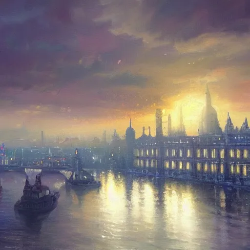 Image similar to a beautiful artwork painting of a mothership above rainy victorian london at sunset, by andreas rocha, featured on artstation