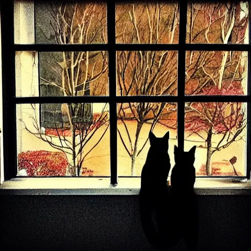 Image similar to two black cats looking through the window, red building and tree in the background, instagram, grainy picture, natural nightning