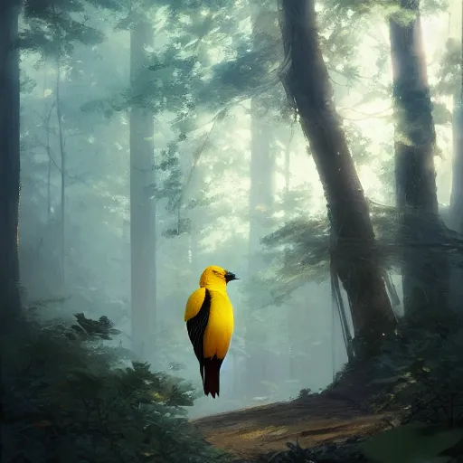 Prompt: golden oriole in avila pinewood, 4 k, concept art, by wlop, ilya kuvshinov, artgerm, krenz cushart, greg rutkowski, pixiv. cinematic dramatic atmosphere, sharp focus, volumetric lighting, cinematic lighting, studio quality