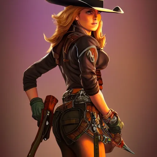 Image similar to full body, female cowgirl, perfect face, long rifle, 8 k, magic the gathering, d & d, artstation