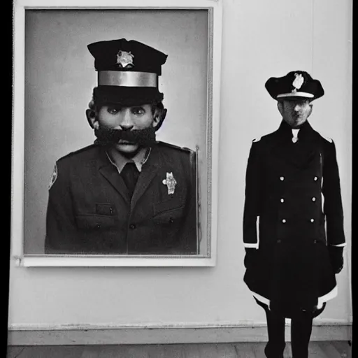 Image similar to portrait of a detailed police officer photo by Diane Arbus and Louis Daguerre