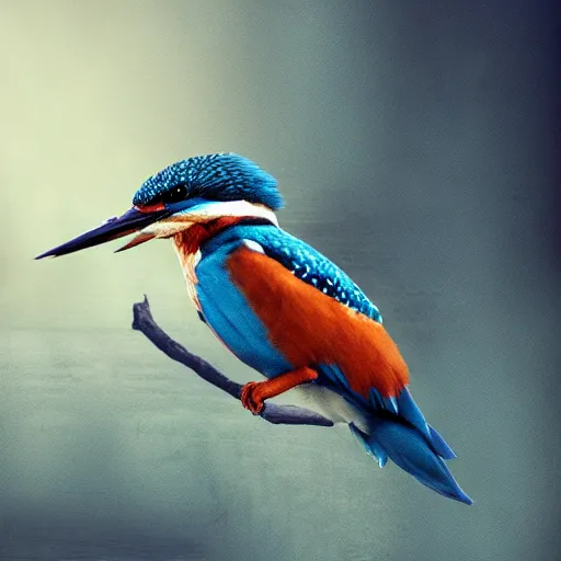 Image similar to kingfisher bird looking majestic, hyperrealistic photograph, dim volumetric lighting, extremely hyper detailed, intricate, epic composition, cinematic lighting, masterpiece, trending on artstation, stunning, hdr, smooth, sharp focus, high resolution, award, winning photo, dslr, 5 0 mm