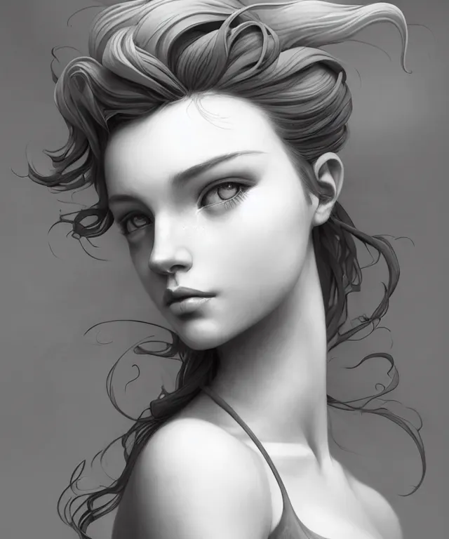 Prompt: cute sculptor wearing halter top by charlie bowater and anna dittmann and artgerm and clemens ascher, portrait, intricate, face, workshop, flowing hair, grey eyes, elegant, white mist, highly detailed, dramatic lighting, sharp focus, trending on artstation, artstationhd, artstationhq, unreal engine, 4 k, 8 k