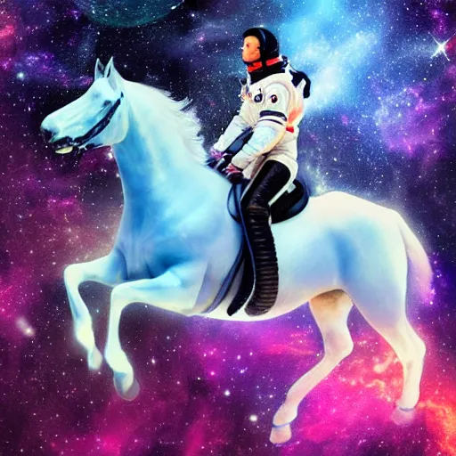 Prompt: astronaut riding a horse in space, colorful nebula in the background, digital painting,