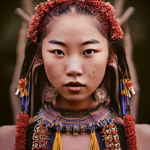 Image similar to vintage portrait of a stunningly beautiful asian tribal female, depth of field, zeiss lens, detailed, symmetrical, centered, fashion photoshoot, by edward s curtis, Annie Leibovitz and Steve McCurry, David Lazar, Jimmy Nelsson, Breathtaking, 8k resolution, extremely detailed, beautiful, establishing shot, artistic, hyperrealistic, beautiful face, octane render