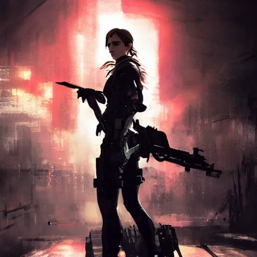 Image similar to emma watson wearing metal gear armor dramatic lighting cinematic cinematic lighting by Richard Schmid by Yoji Shinkawa by greg rutkowski