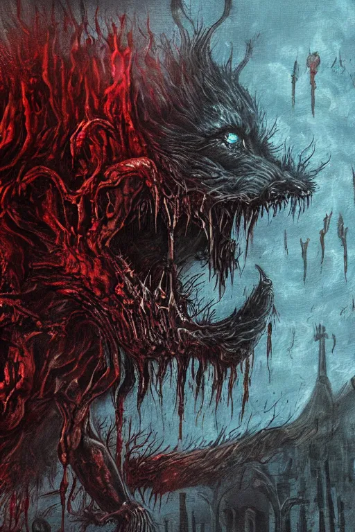 Image similar to grainy wet werewolf oil painting, horror, lovecraftian horror, bloody, pools of blood, reflecting, set in the bloodborne videogame