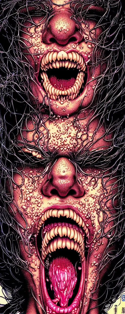 Prompt: closeup of face melting in agony with tongue, by yoichi hatakenaka, masamune shirow, josan gonzales and dan mumford, ayami kojima, takato yamamoto