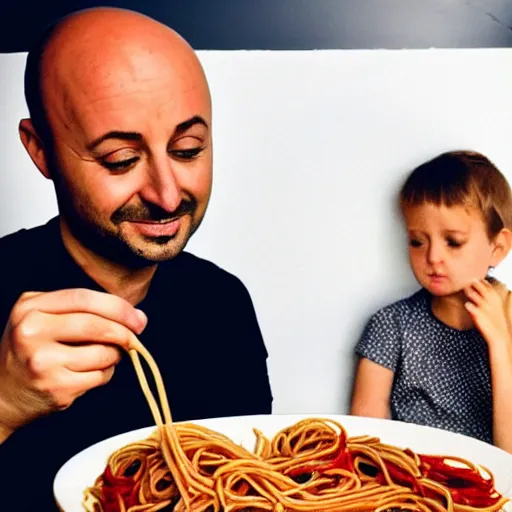 Prompt: joe bastianich eating spaghetti from his nose