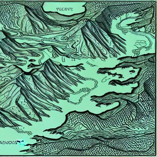 Image similar to topographical map of a fantasy world, drawing, monsters