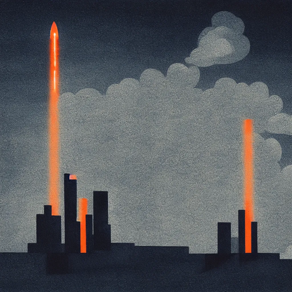 Image similar to rocket launch through clouds, mads berg, karolis strautniekas, film noir, stippled light, dramatic lighting, editorial illustration, detailed, fine texture, matte print, art deco, brutalism, dark blue + dark orange, red, black, ( ( habitat 6 7 background ) )