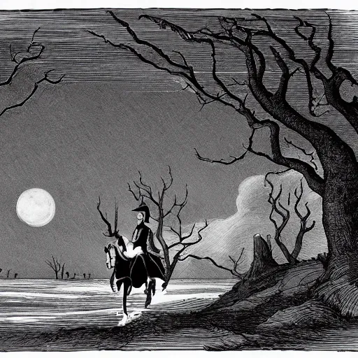 Prompt: The wind was a torrent of darkness among the gusty trees.    The moon was a ghostly galleon tossed upon cloudy seas.    The road was a ribbon of moonlight over the purple moor,    And the highwayman came riding—          Riding—riding— The highwayman came riding, up to the old inn-door.