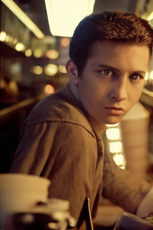 Image similar to an ultra high definition telephoto portrait cyberpunk 7 0 s diner film set photograph of a young man with short messy brown hair triangle head puffy cheeks narrow chin high cheek bones confused expression. wide angle close up. three point lighting. volumetric. refraction. imagined detail. soft focus ambient light sources. haze, light glare, art directed. filmic.