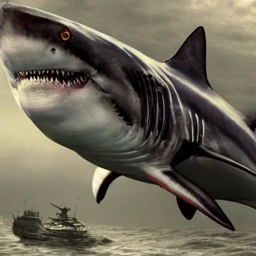 Image similar to hyper realistic shark in armor with cannons