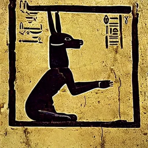 Image similar to ancient egyptian art of anubis working on a computer