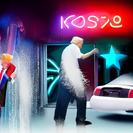 Prompt: donald trump and joe biden fighting inside of a car wash with neon lighting, 4k realistic photo