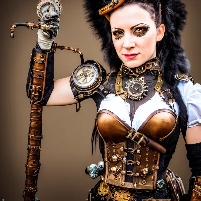 Image similar to professional photograph of a beautiful! female steampunk warrior. Extremely detailed. 8k